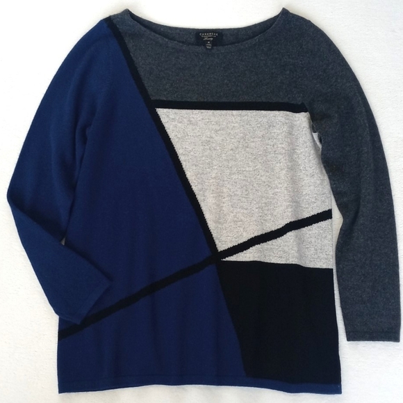 Charter Club Cashmere Royal Blue Heathered Greys Black Abstract Motif Sweater - Picture 9 of 15